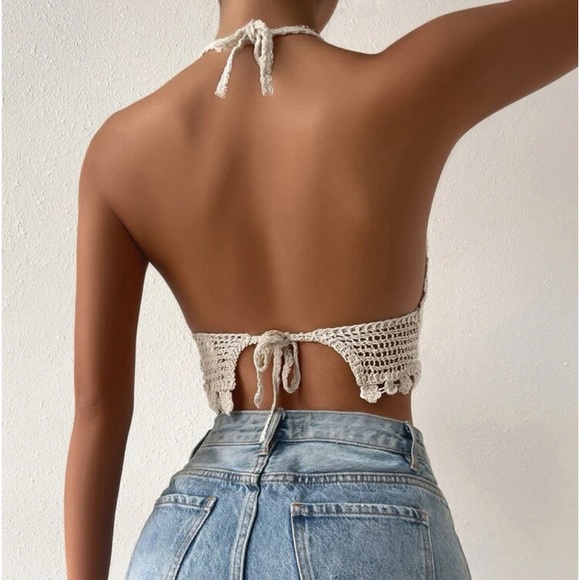 Hollow Out Bandana Hem Tie Backless Halter Tankini Top - NWT - Picture 3 of 8